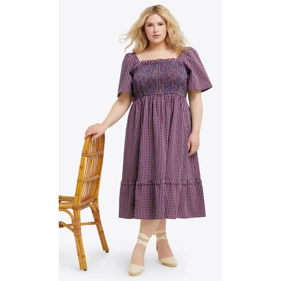 Draper James Deana Smocked Midi Dress Picnic Plaid Womens Plus Size 3X Red Blue - Picture 1 of 10